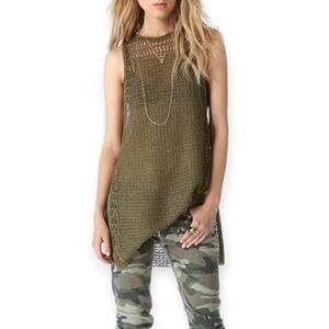 Elizabeth and James | S | Olive Cord Pointelle Knit High Slit Long Sweater Tank